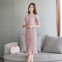 Women\'s Going out Casual/Daily Swing Dress, Solid Round Neck Midi Short Sleeve Linen Spring Summer Mid Rise Inelastic Medium