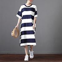 Women\'s Going out Casual/Daily Loose Dress, Striped Round Neck Midi Short Sleeve Polyester Spring Summer Mid Rise Micro-elastic Medium