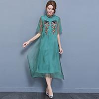 womens going out chinoiserie loose dress embroidered crew neck midi le ...