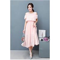Women\'s Casual/Daily Chiffon Swing Dress, Solid Round Neck Maxi Short Sleeve Polyester Spring Summer High Rise Micro-elastic Thin