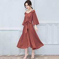 Women\'s Casual/Daily Vintage A Line Swing Dress, Solid Strap Midi ¾ Sleeve Polyester Summer Mid Rise Inelastic Thin