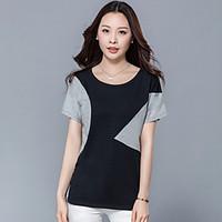 Women\'s Casual/Daily Simple Summer T-shirt, Color Block Round Neck Short Sleeve Cotton Medium