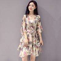 Women\'s Going out Casual/Daily Beach Simple Chinoiserie Sheath Dress, Floral V Neck Knee-length ½ Length Sleeve Polyester Spring Summer