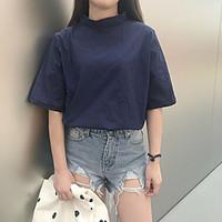 womens going out chinoiserie shirt solid turtleneck short sleeve polye ...