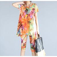 Women\'s Casual/Daily Boho Summer T-shirt Pant Suits, Print Round Neck ½ Length Sleeve Micro-elastic