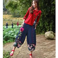 Women\'s Casual/Daily Simple Summer T-shirt Pant Suits, Solid Floral Round Neck Long Sleeve Micro-elastic