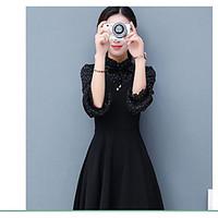 Women\'s Going out Casual/Daily Vintage Simple Cute A Line Dress, Polka Dot Stand Above Knee Long Sleeve Cotton Spring Fall High Rise