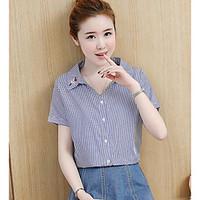 Women\'s Casual/Daily Simple Summer Shirt, Striped Shirt Collar Short Sleeve Cotton Thin