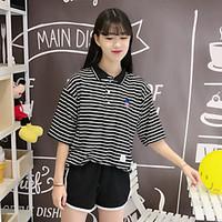 Women\'s Casual/Daily Simple T-shirt, Striped Round Neck Short Sleeve Cotton