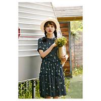 Women\'s Casual/Daily Simple Skater Dress, Print Round Neck Above Knee Short Sleeve Cotton Summer High Rise Micro-elastic Medium