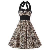 Women\'s Leopard Print Dress , Black Collars Big Buttons Vintage Halter 50s Rockabilly Swing Dress