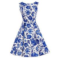 Women\'s Blue Floral Dress , Vintage Sleeveless 50s Rockabilly Swing Short Cocktail Dress