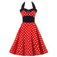Women\'s Backless Going out Vintage/Cute A Line/Skater Dress, Polka Dot Halter Knee-length Sleeveless Red Cotton Summer High Rise Micro-elastic