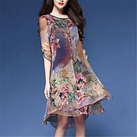 Women\'s Casual/Daily Vintage Loose Dress, Floral Round Neck Knee-length ½ Length Sleeve Nylon Spring Mid Rise