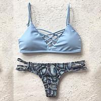 womens lace up straped bikini solid spandex blue