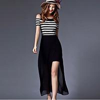 womens fine stripe casual micro elastic sleeveless maxi dress chiffon