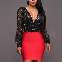 Women\'s Sequin Casual/Daily Club Sexy Street chic Bodycon DressPatchwork Sequins Mesh Deep V Above Knee Long Sleeve