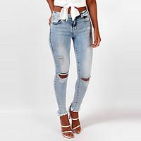 Women\'s Cut Out Skinny Jeans PantsGoing out Holiday Simple Street chic Slim All Match Fashion Solid Ripped High Rise Zipper Micro-elastic Spring Fall