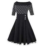 Women\'s Casual/Daily Sophisticated Sheath Dress, Polka Dot Boat Neck Midi ½ Length Sleeve Cotton Polyester Black Spring Mid Rise