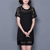 Women\'s Casual/Daily / Plus Size Vintage / Street chic T Shirt Dress, Solid Round Neck Above Knee Short Sleeve Black Polyester Summer