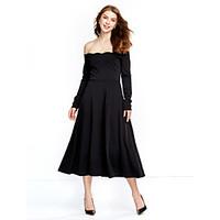 Women\'s Off The Shoulder Casual/Daily Vintage / Street chic Sheath Dress, Solid Boat Neck Midi Long Sleeve Red / Black Cotton / Nylon Fall