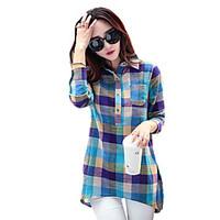 Women\'s Casual/Daily Simple Spring / Fall All Match T-shirtPlaid Shirt Collar Long Sleeve Blue