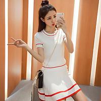 Women\'s Casual/Daily Cute Summer T-shirt Skirt Suits, Solid Striped Round Neck Short Sleeve Cotton Regular