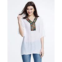 Women\'s Boho Casual/Daily Simple Summer Blouse, Embroidered V Neck ½ Length Sleeve Blue/White Thin