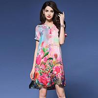 Women\'s Vintage Print Loose Dress, V Neck Knee-length Silk