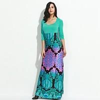 Women\'s Boho Sexy Casual Print Maxi Inelastic Long Sleeve Maxi Dress (Cotton)
