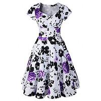 Women\'s Retro 50s Slim Flower Print Short Sleeve Swing Party Dress