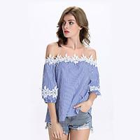 Women\'s Off The ShoulderFine Stripe Casual/Daily Street chic Summer T-shirt, Striped Boat Neck ¾ Sleeve Blue Nylon Medium
