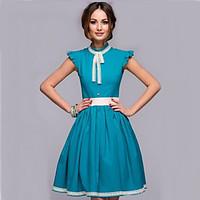 womens ruffle round neck button hollow out dress nylon above knee slee ...