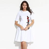 Women\'s Embroidery Big Yard Ladies Going out Vintage Sheath / Swing Dress, Embroidered Round Neck Knee-length ¾ Sleeve White / Black