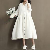 Women\'s Casual/Daily Vintage Loose Dress, Solid Stand Midi Long Sleeve Blue / White Cotton / Linen Summer