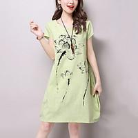 Women\'s Casual/Daily Street chic Loose Dress Patchwork Above Knee Short Sleeve Cotton /Linen Blue /Beige /Green Summer