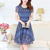 Women\'s Going out Plus Size Sophisticated Chiffon Dress, Print Round Neck Knee-length Short Sleeve Polyester Summer Mid Rise Micro-elastic