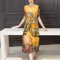 Women\'s Going out Chinoiserie Loose Dress, Print Round Neck Midi Short Sleeve Silk Polyester Yellow Summer Mid Rise Micro-elastic