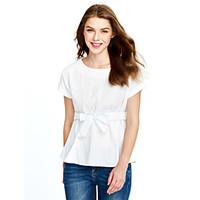 Women\'s Bow Casual/Daily Plus Size Summer Blouse, Solid Round Neck Sleeveless Blue / White Cotton Medium