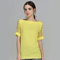 Women\'s Solid Yellow Blouse, Boat Neck Short Sleeve