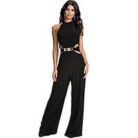 Women\'s Backless Solid Black Jumpsuits, Sexy One Shoulder Sleeveless