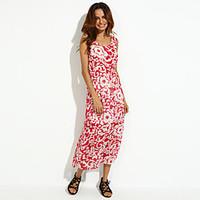 Women\'s Boho Blue/Red Round Print Chiffon Beach Maxi Dress