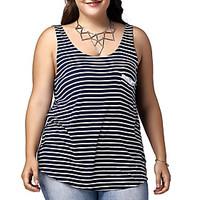 Women\'s Fine Stripe Casual/Daily Street chic / Active Summer T-shirt, Striped Deep U Sleeveless Blue Cotton Thin