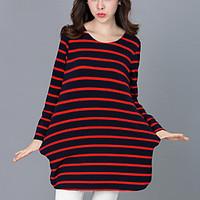 Women\'s Fine Stripe Casual/Daily Street chic Fall T-shirtStriped Round Neck Long Sleeve Red / Black / Green Cotton Medium