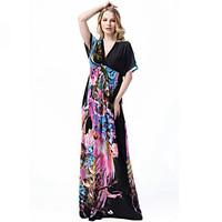 Women\'s Boho Beach Plus Size/Swing Dress, Print Deep V Maxi Short Sleeve Multi-color Spandex Spring