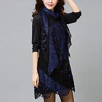 Women\'s Lace Plus Size / Irregular Slim chic Lace Dress Solid Round Neck Asymmetrical Long Sleeve Blue / Purple Polyester Fall High Rise