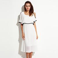 Women\'s Off The ShoulderRuffle Casual/Daily Simple Chiffon Dress, Solid Round Neck Maxi ½ Length Sleeve White Polyester Summer