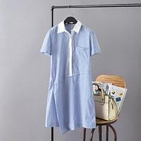 Women\'s Casual/Daily Simple Loose Dress, Striped Shirt Collar Above Knee Short Sleeve Blue Cotton Summer Mid Rise Micro-elastic Medium