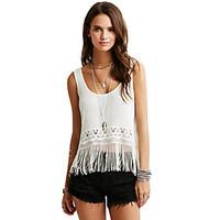 Women\'s Tassel Tank Top Crochet Lace Tassel Fringe Scoop Neck Sleeveless Casual Camisole Top