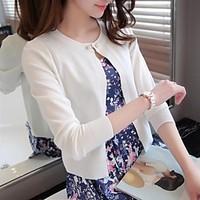 Women\'s Going out Casual/Daily Short Cardigan, Solid Round Neck Long Sleeve Acrylic Spring Thin Micro-elastic